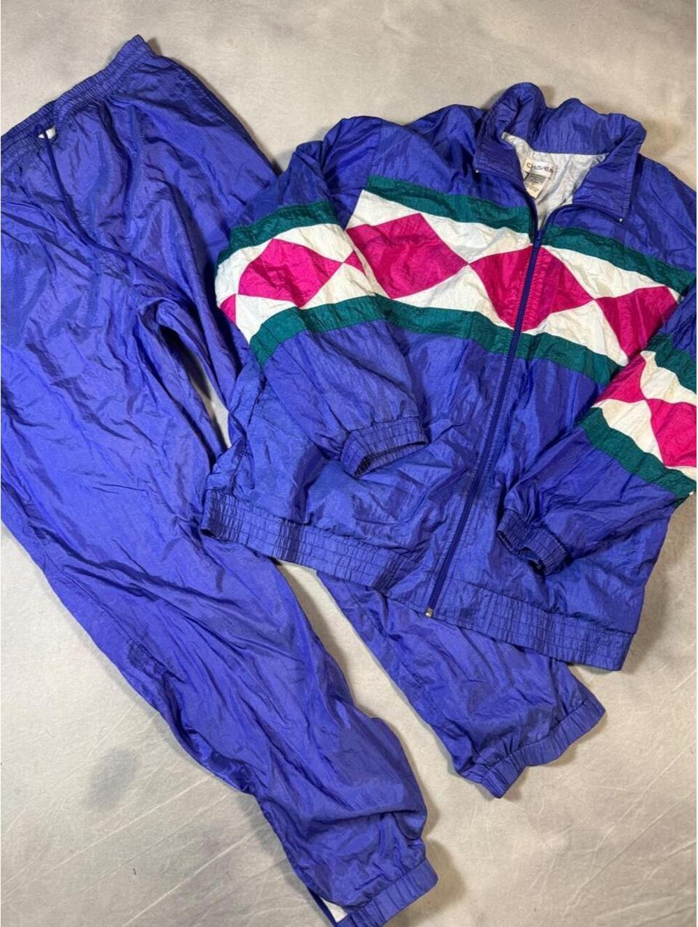 Vintage 80s Chaver Colorblock Nylon windbreaker Tracksuit Set Large Purple Pink